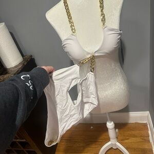 Michael Costello White Bodysuit with Gold Chain Straps